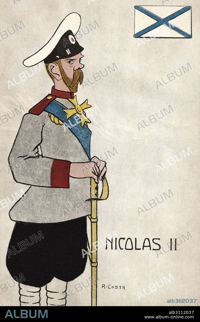 R. COSTA. Nicolás II de Rusia (1868-1918), último zar de Rusia. Caricatura. Tarjeta postal, año 1914.