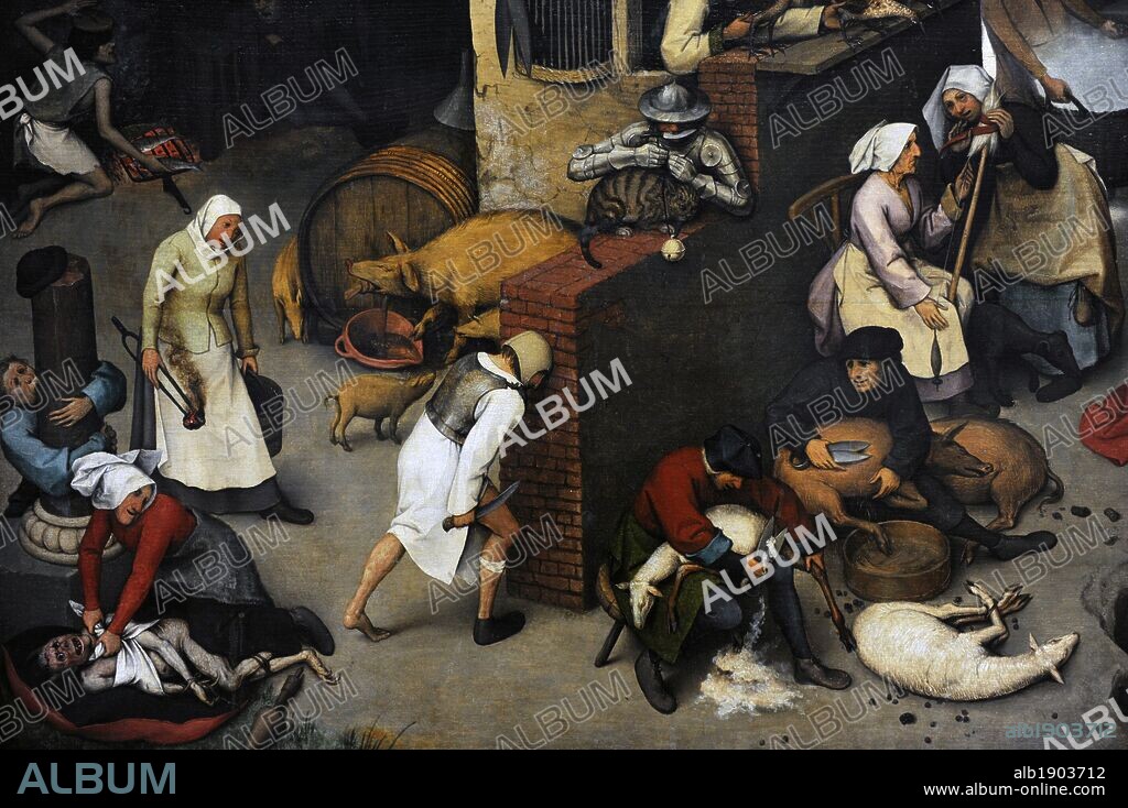 PIETER BRUEGHEL EL VIEJO. ARTE RENACIMIENTO. FLANDES. HOLANDA. BRUEGHEL, Pieter I, llamado "EL VIEJO" (Brueghel?, h.1525/1530-Bruselas,1569). Pintor y dibujante neerlandés, perteneciente a la ESCUELA FLAMENCA. "LOS PROVERBIOS FLAMENCOS" (en neerlandés, Nederlandse Spreekwoorden). Oleo sobre tabla. 1559. Mide 117 cm de alto y 163 cm de ancho. Detalle refranes: Atar el diablo con una almohadilla (quien la sigui la consigue) darse de cabeza sorbre un muro (conseguir lo imposible), esquila pero no la despellejes (no abuses de tus ventajas)..... Staatliche Museen zu Berlin-Gemäldegalerie o Pinacoteca de Berlín. Kulturforum. Museos Nacionales de Berlín. (Staatiche Museum) Alemania. Europa.