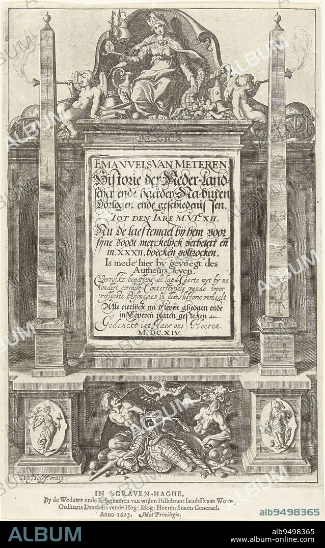 On pedestal with title enthroned personification of Southern Netherlands, Belgica, seated between symbols of trade, arts and sciences. On either side two obelisks. Below a base with two figures symbolizing war and dove with olive branch symbolizing peace. Title printed with separate plate, Allegory of the History of the Netherlands Title page for: Historie der Neder-landscher ende haerder na-buren wars en geschiedenissen, tot den iare M.VI.XII., 's-Gravenhage 1614, print maker: Willem Jacobsz. Delff, (mentioned on object), publisher: weduwe en erven Hillebrant Jacobsz. van Wouw (I), (mentioned on object), Staten-Generaal, (mentioned on object), print maker: Delft, publisher: The Hague, 1614 and/or 1623, paper, engraving, h 319 mm × w 200 mm.