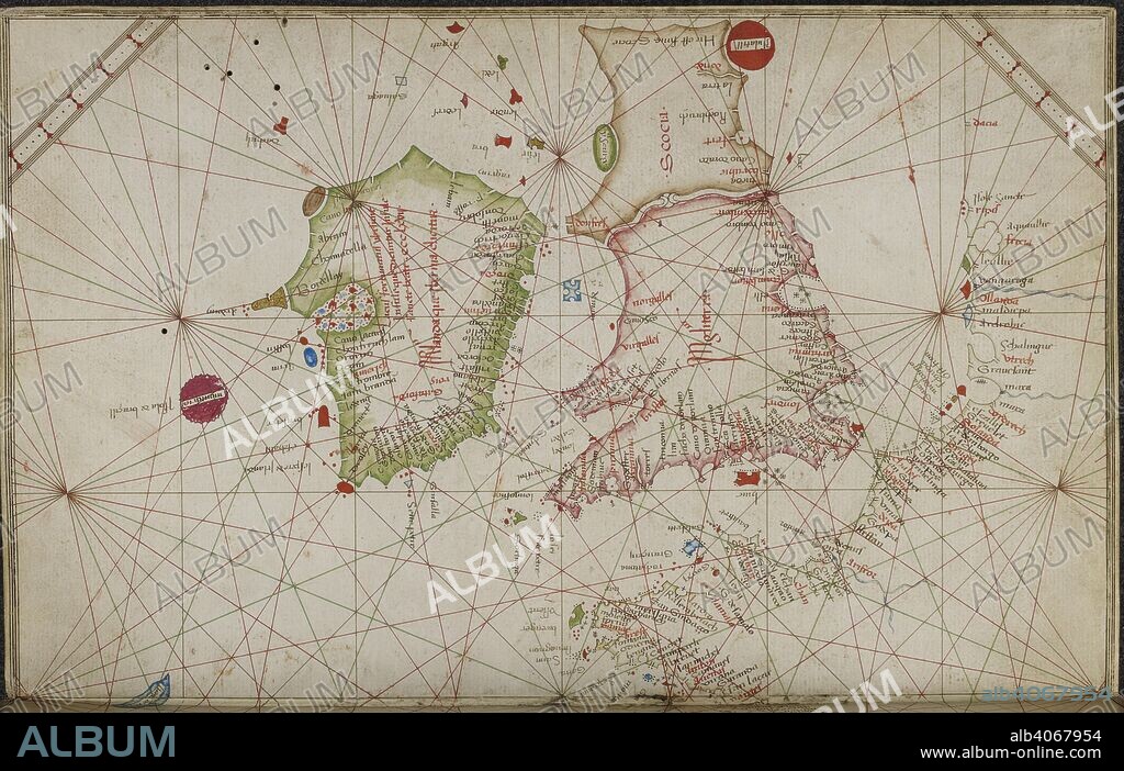 GRAZIOSO BENINCASA. Chart of the coasts of western Europe, from the British Isles to Portugal. Portolano. Italy; 1469. Source: Add. 31315, ff.4v-5. Language: Italian.