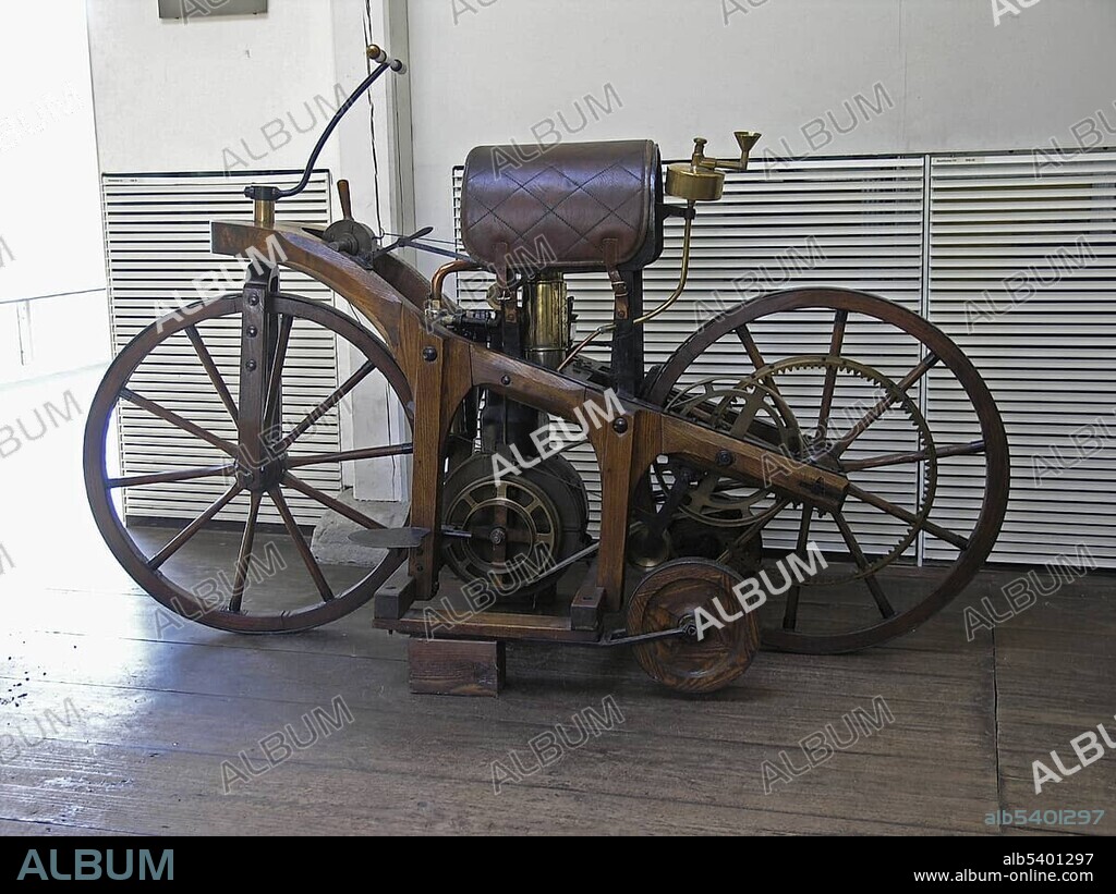 Riding wheel - the first motorbike of the world - Gottlieb Daimler memorial place Bad Cannstatt Stuttgart Baden Wuerttemberg Germany.