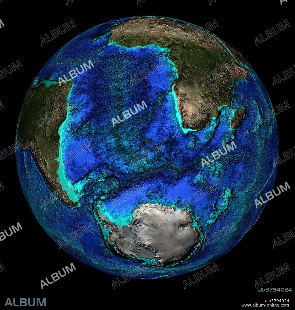 Topographical map of the Earth, centered on 45 degrees South, 0 degrees East. Visible is the mid-Atlantic Ridge which runs along the entire length of the Atlantic Ocean. The seas and oceans are color-coded by depth and land colors are based on MODIS true-color data from the Terra satellite in 2004 where darker regions represent highlands. Turquoise regions represent the continental shelf and descend to around 150 meters before dropping off abruptly at the shelf break. The descent of the continental slope to the ocean floor is shown as increasingly dark shades of blue.