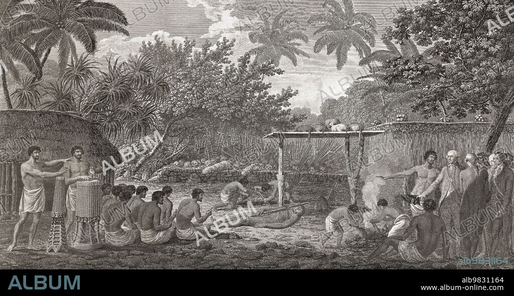 Captain Cook observing a human sacrifice in Otaheite (Tahiti), September 1777. After an engraving by William Woolett from a work by John Webber, published in 1784.
