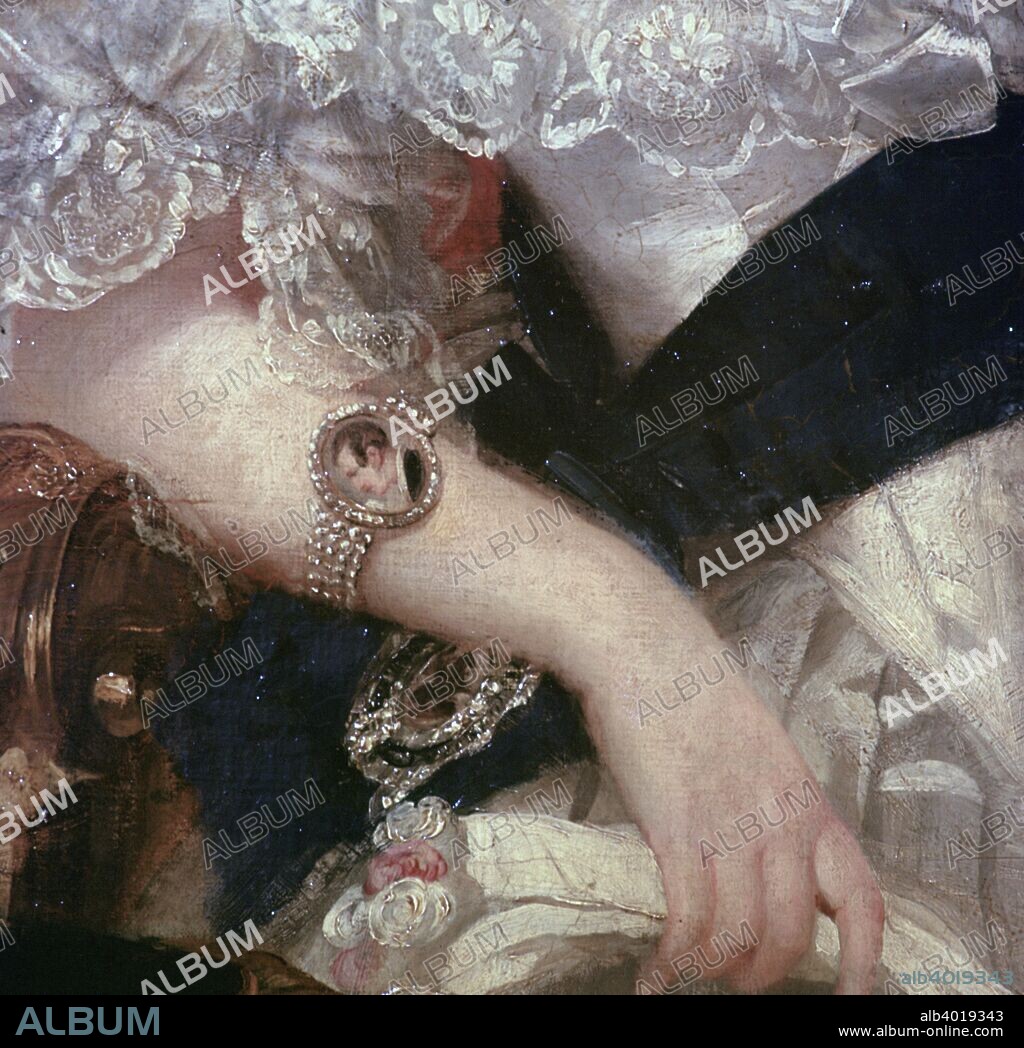 Detail of a portrait of Queen Victoria (24 May 1819 - 22 January 1901) 1841; showing a bracelet with a miniature of Albert (26 August 1819 - 14 December 1861), her fiancee, later Prince Consort, c1840.