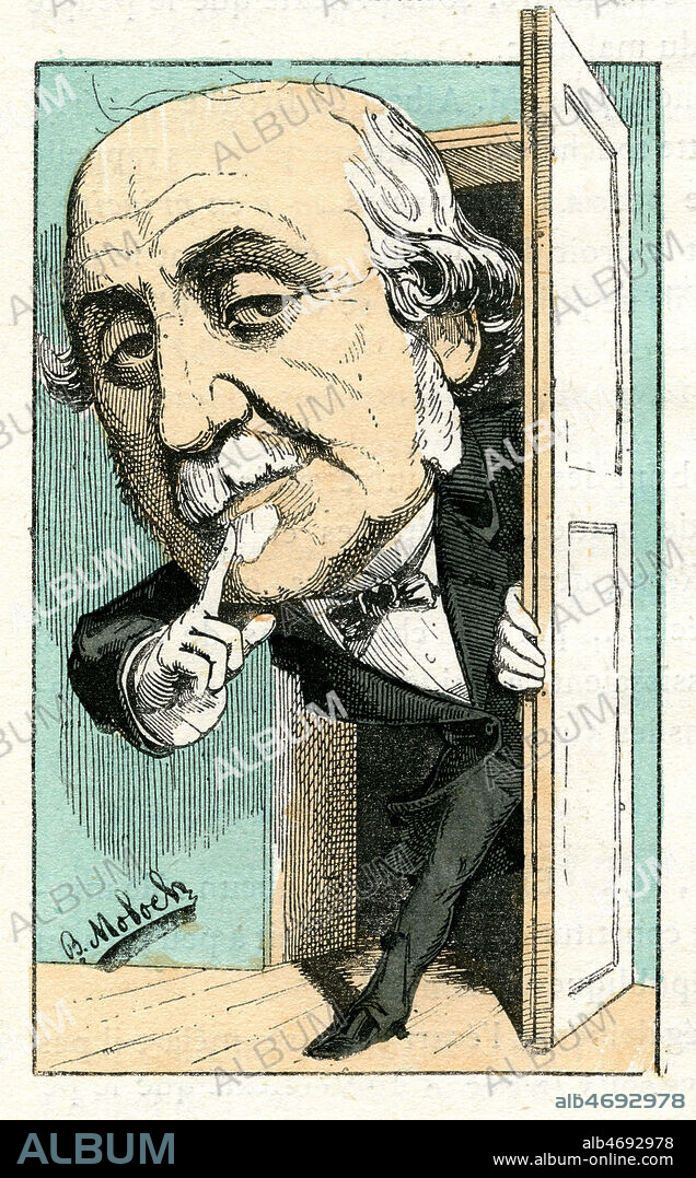 Albert de BROGLIE (1821-1901) (le doigt sur la bouche). Caricature de 1882 par MOLOCH (1849-1909) pour Le Trombinoscope de TOUCHATOUT (1835-1911), fin 19eme siecle. Credit Collection KHARBINE TAPABOR.