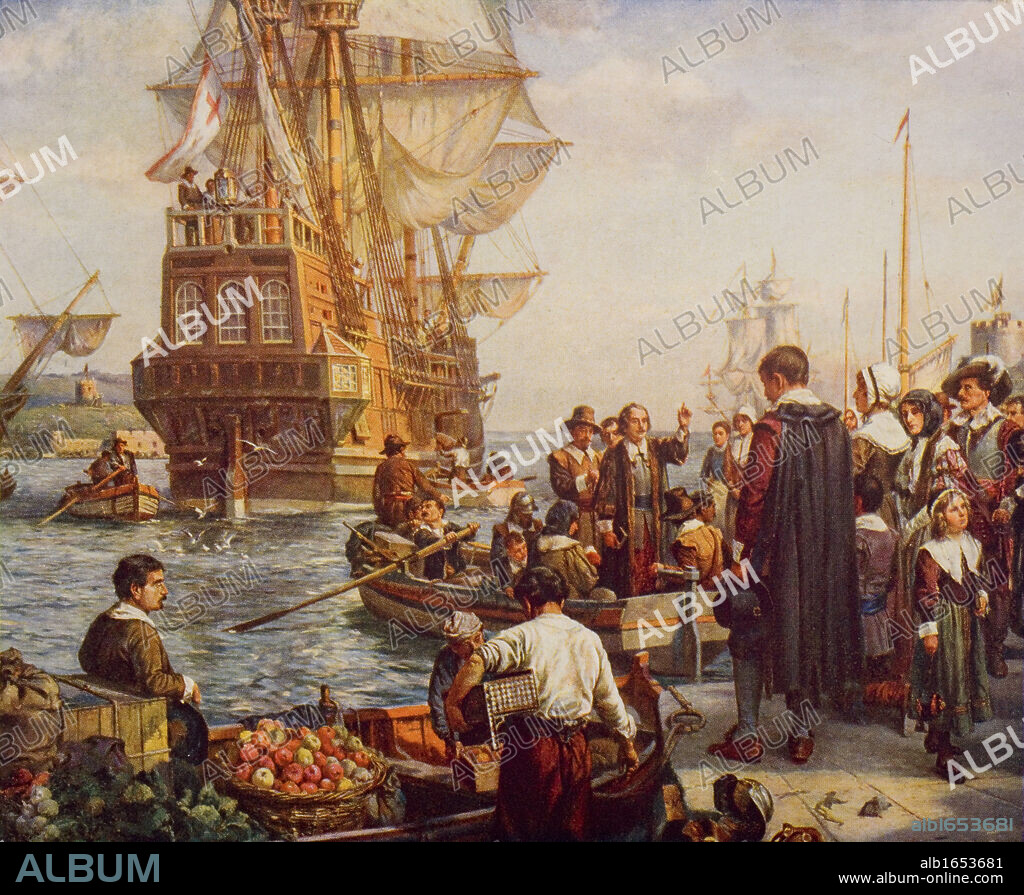 The departure of the Pilgrim Fathers, 1620. From the book The Outline of History by H.G.Wells Volume 2, published 1920.