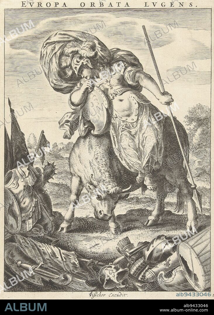 Female personification of continent Europe represented as woman in armor sitting on bull, a reference to the mythological Europa who was abducted by Jupiter in the guise of a bull. In the foreground lies spoils of war. The woman is leaning on her shield, mourning the robberies, according to the title, Female personification of continent Europe represented as woman in armor on bull Evropa orbata lvgens (title on object) Four continents (series title), print maker: Cornelis van Dalen (II), publisher: Claes Jansz. Visscher (II), (mentioned on object), Amsterdam, 1648 - 1664, paper, etching, engraving, h 228 mm × w 169 mm.