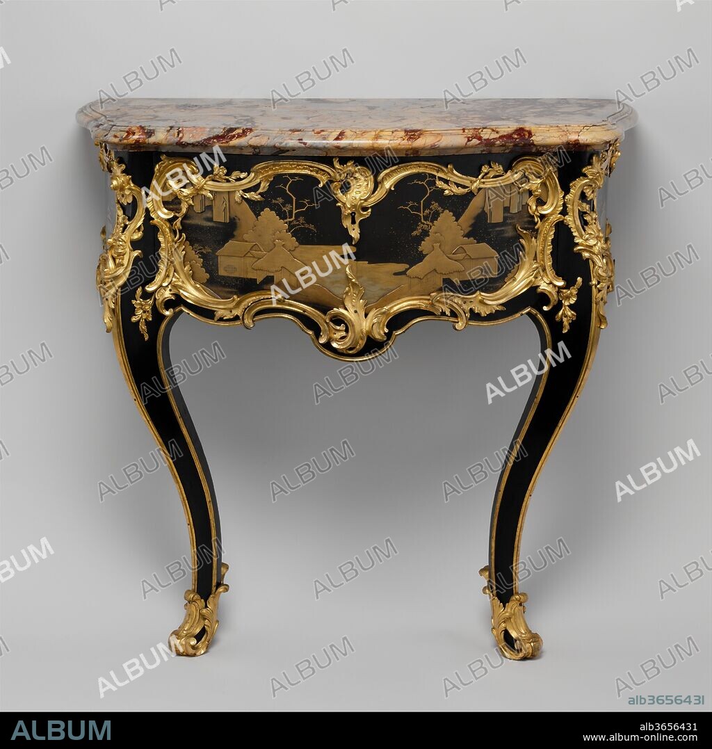 Side table (commode en console). Culture: French, Paris. Dimensions: H. 35-1/2 in. (90.2 cm.), W. 37-1/2 in. (95.3 cm.), D. 21 in. (53.3 cm.). Maker: Bernard II van Risenburgh (ca. 1696-ca. 1767). Date: ca. 1755-60.
Fitted with one drawer in its frieze, this sophisticated piece is a combination of a console table--designed to be placed against a wall--and a commode--a chest of drawers--as is clearly illustrated by its French name, commode en console. Only a few such tables are known today, and they appear to have been fashionable for but a short period during the middle of the eighteenth century; five were recorded in the account book of the marchand-mercier Lazare Duvaux between December 1753 and February 1757. The most expensive of them, mounted with lacquer and decorated with gilt bronze, was sold on May 13, 1756, for 1,150 livres.[1] Since no other example with lacquer is known to exist, this entry in Duvaux's book may describe the Museum's table--but very little else can be said about its history.
Although console tables were generally made by those joiners who specialized in wall paneling or boiserie this piece was, like most commodes, the work of an ébéniste versed in the art of veneering. Bernard II van Risenburgh, whose initials are stamped on the top and underneath the carcase, worked almost exclusively for marchands-merciers such as Duvaux, Thomas-Joachim Hébert (d. 1773), and Simon-Philippe Poirier (ca. 1720-1785). One of the dealers could have supplied him with the Japanese lacquer for this table, probably obtained from seventeenthcentury cabinets. A detailed description of the best way to process and handle Asian lacquer for use on European furniture was published by André-Jacob Roubo in his treatise L'Art du menuisier of 1769-75. Roubo indicated how the lacquer should be cut from its wooden substrate in order not to crack it and then how to heat and glue it to the body of a new piece of furniture. He also suggested framing the lacquer with gilt-bronze mounts to mask the joints and hide any chipping that might have occurred during the cutting process--as has been beautifully done by Van Risenburgh on the Museum's table.[2]
[1] Duvaux 1748-58/1965, vol. 2, p. 281.
[2] Roubo 1769-75, vol. 3, pt. 3 (1774 ), pp. 1020-21.