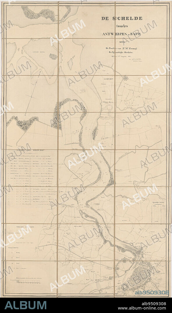 Map of the course of the river Scheldt between Fort Bath in Zeeland and the city of Antwerp on August 3, 1831. On the river the positions of the Dutch warships are indicated and numbered 1-40 (legend left). On the right the legend of the Belgian batteries along the riverbanks, Map of the Scheldt, 1831 The Scheldt between Antwerp and Bath with The Position of Sr Ms. Zeemagt and Enemy Strengths. On the 3rd of August, 1831, draughtsman: H.A. van Karnebeek, (signed by artist), Netherlands, 3-Aug-1831, paper, pen, h 1306 mm × w 746 mm.