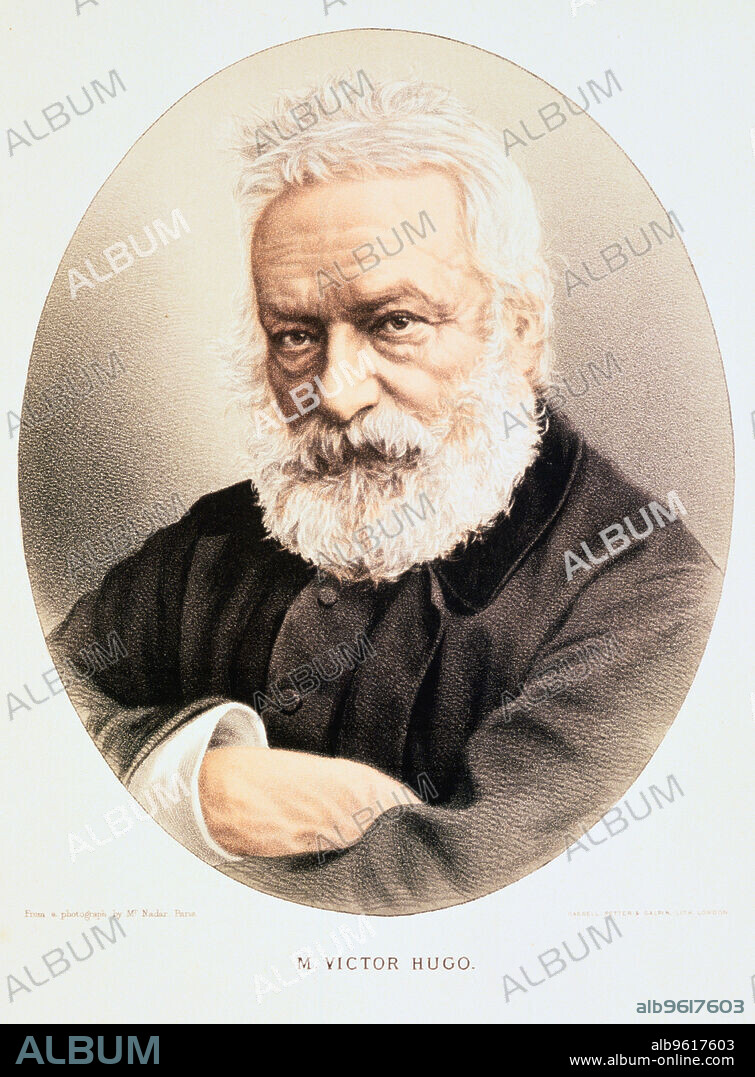 ANON. Victor Hugo, French poet, dramatist and novelist,c1880. Born in Besancon, Victor Hugo (1802-1885) was a central figure in the French Romantic movement. In 1848, the year of revolutions in Europe, he was elected to the Assembly as a Republican but after Napoleon III's coup d'etat he was sent into exile, living in Guernsey in the Channel Islands until 1870. His work includes Notre Dame de Paris (1831), Les Miserables (1862), Les Travailleurs de la Mer (The Toilers of the Sea) (1866). Among his plays La Roi s'amuse (1832) was banned. In its guise as Verdi's opera Rigoletto it is universally popular. From The Modern Portrait Gallery published by Cassell, Petter and Galpin. (London, c1880).