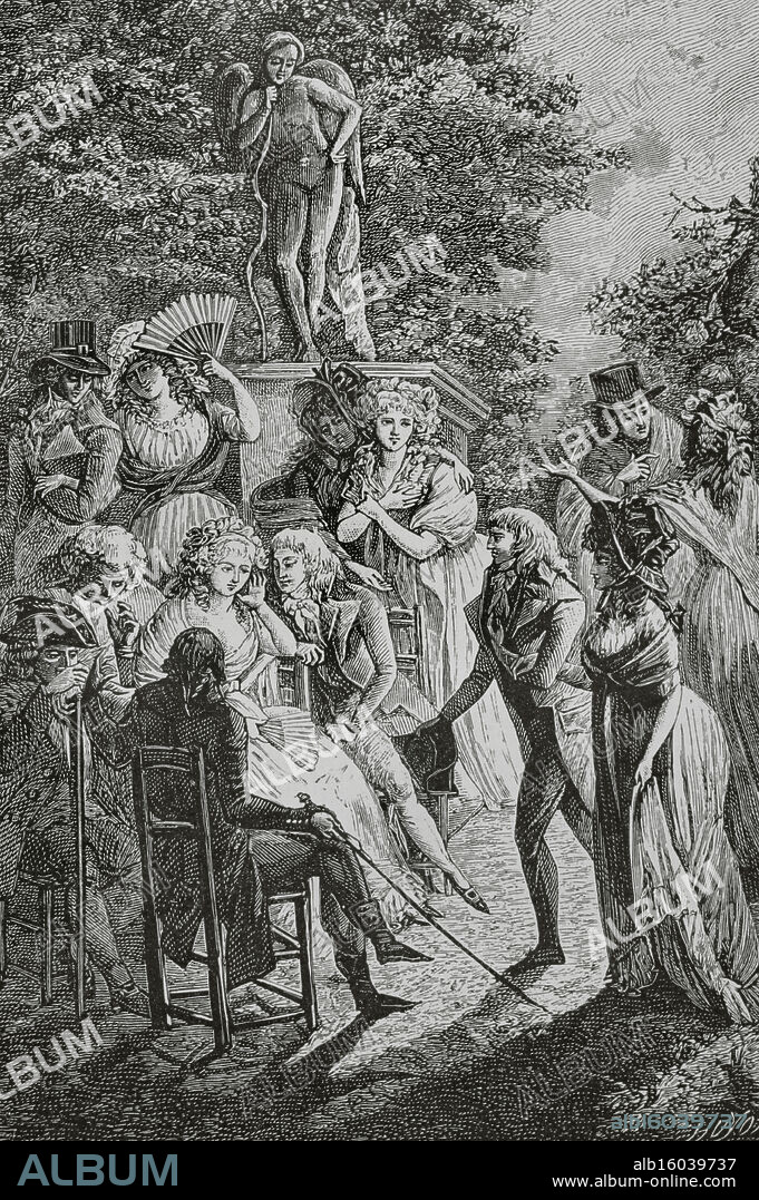 Anne-Louise Germaine Necker (1766-1817), conocida como Madame de Staël. Filósofa, escritora y teórica política franco-suiza. Una conferencia de Madame de Staël dirigida a su grupo de Coppet. Grabado de Huyot a partir de Philibert-Louis Debucourt (1755-1832), h. 1800. "Directoire, Consulat et Empire. Moeurs et usages, lettres, sciences et arts. France, 1795-1815" (Directorio. Consulado e Imperio. Costumbres y tradiciones, letras, ciencias y artes. Francia, 1795-1815), por Paul Lacroix. Publicado en París, 1884.