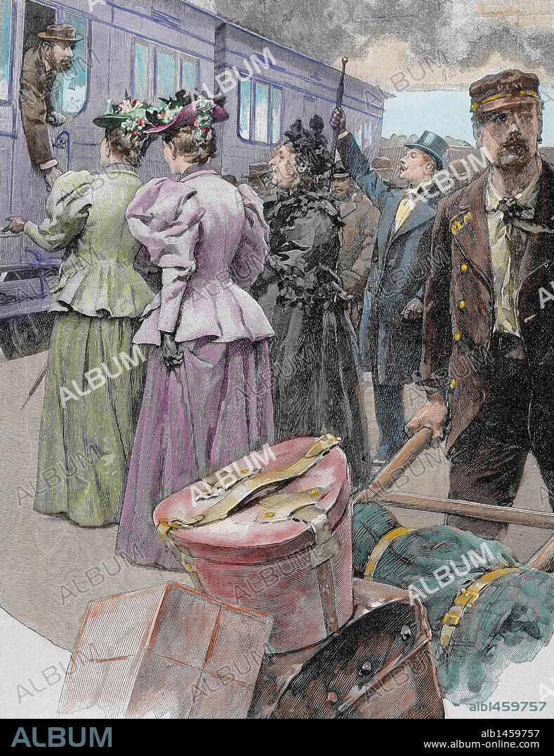LUDOVICO MARCHETTI (basado en). SOCIEDAD S. XIX. Andén de una estación de ferrocarril a finales del s. XIX. Dibujo de Marchetti. Grabado coloreado.