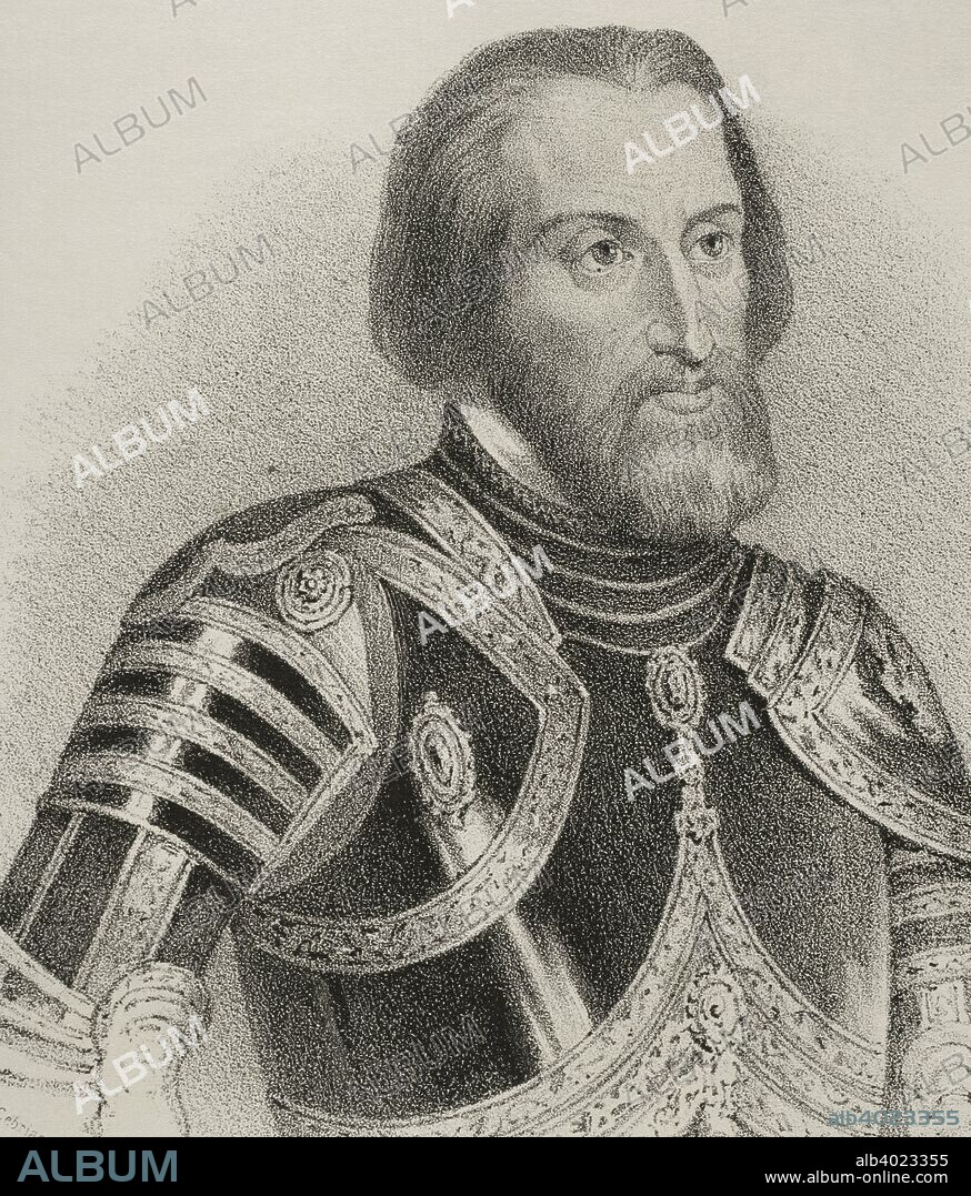 Hernan Cortes (1485-1547). Spanish conquistador of the Aztec empire. Lithography.  Drawing by Jose Cebrian (1839-1904), detail. Cronica General de Espa–a, Historia Ilustrada y Descriptiva de sus Provincias. Extremadura, 1870.