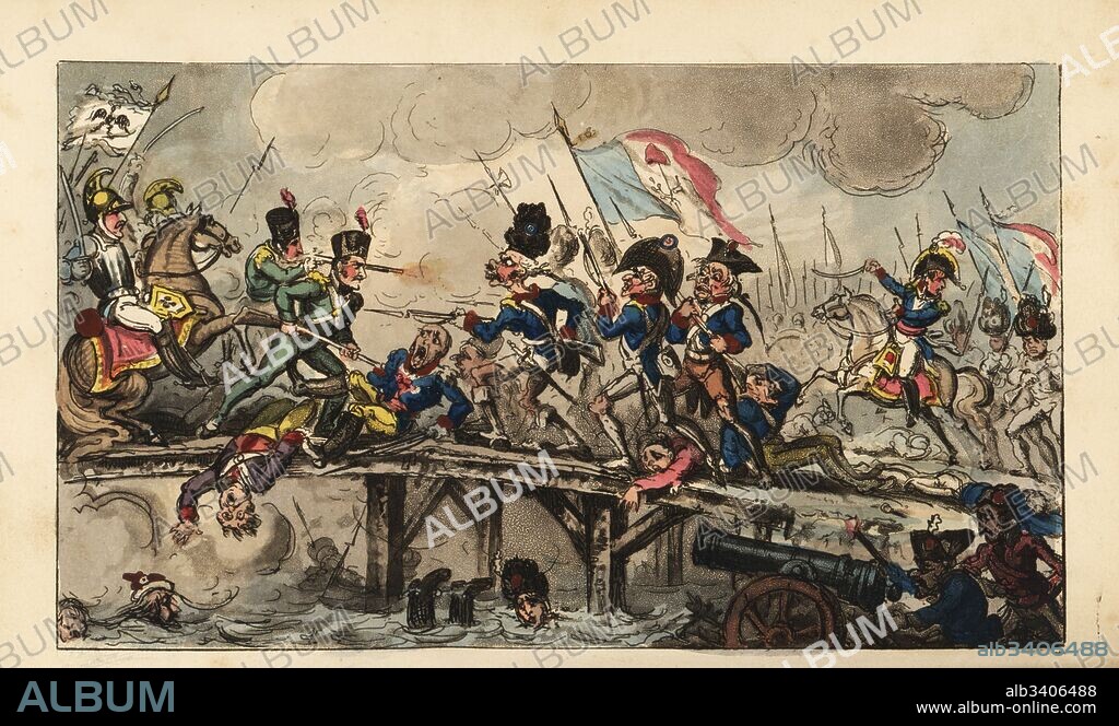 Napoleon Bonaparte leading a charge on the bridge at the Battle of Lodi, 1796. Handcoloured copperplate engraving by George Cruikshank from The Life of Napoleon a Hudibrastic Poem by Doctor Syntax, T. Tegg, London, 1815.