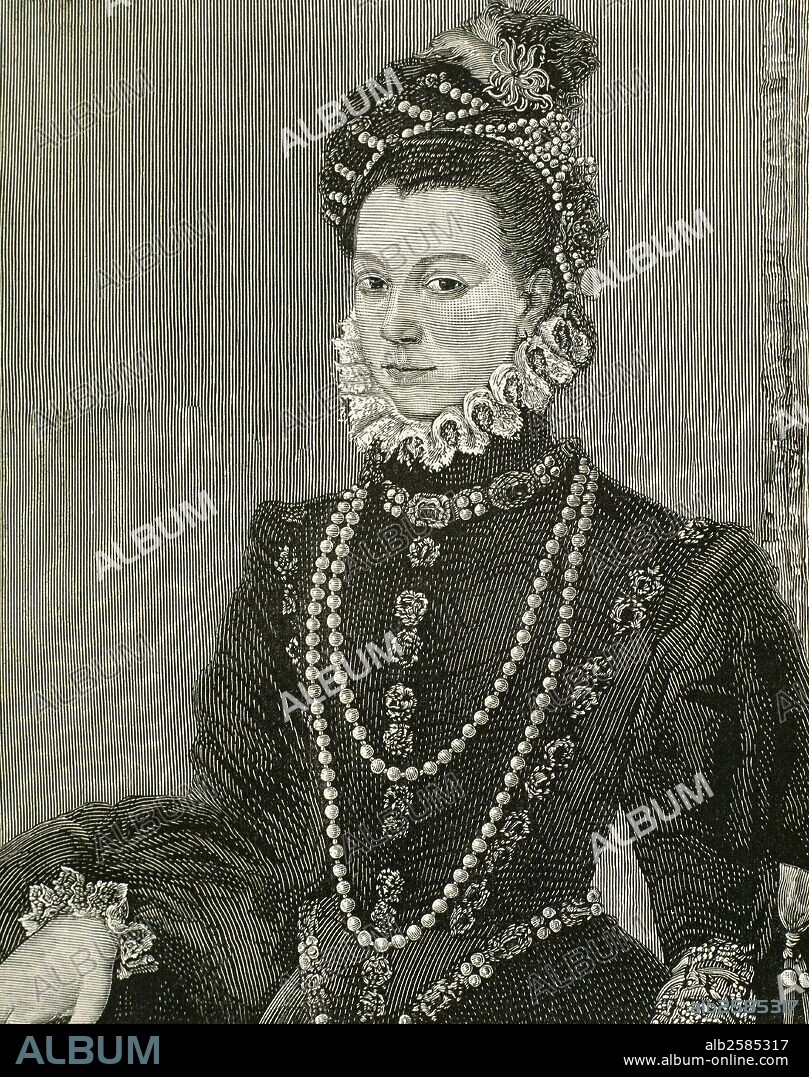 Elisabeth of Valois (1545-1568). Spanish queen consort. The eldest daughter of Henry II of France and Catherine de' Medici. Third wife of the king Philip II of Spain. Portrait. Engraving.