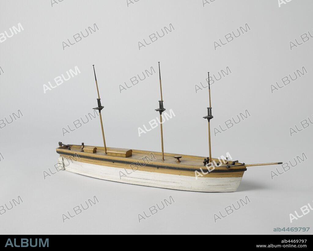 Model of a Timber Ship, Small sketchy, polychromed stack model of a four-master, incomplete. It has a straight falling prow and pointed fore ship, flat mirror. The hull is completely square in section, sherp in the stern, wide keel and a protruding edge around the ship in the square kimmen. Completely flat sheer and one barwood. There are two deck houses on the deck, a beting and a capstan. The four-mast rig all shows the masts, stengen and marches, plus the bowsprit., Québec, Columbus (ship), anonymous, c. 1824, wood (plant material), brass (alloy), model: h 24.9 cm × l 60.7 cm × w 9.8 cm packaging capsule: h 33 cm × w 63.5 cm × d 13.5 cm.