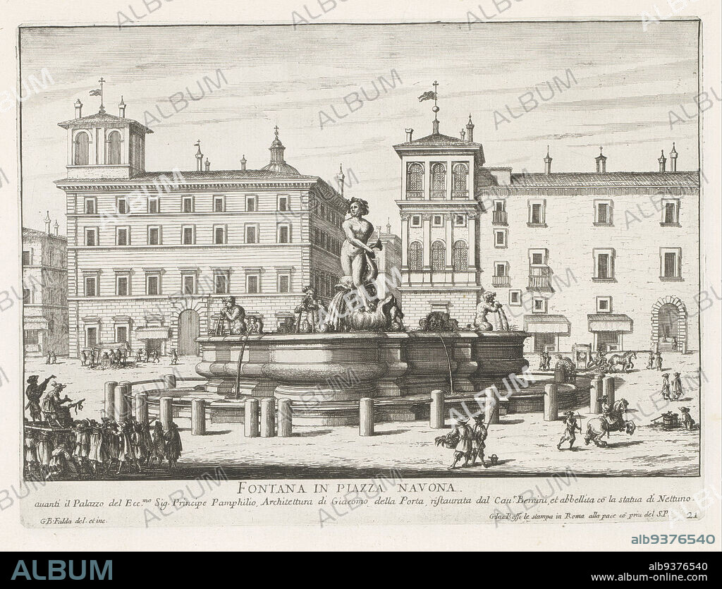 Fontana del Moro in Piazza Navona, Rome, Fontana in Piazza Navona (title on object), Fontane di Roma (series title), Fountains of Rome (series title), Numbered lower right: 21. The print is part of an album., print maker: Giovanni Battista Falda (mentioned on object), Giovanni Battista Falda (mentioned on object), print maker: Italy, Italy, publisher: Rome, Vaticaanstad, 1653 - 1691, paper, etching, height 212 mm × width 287 mm.