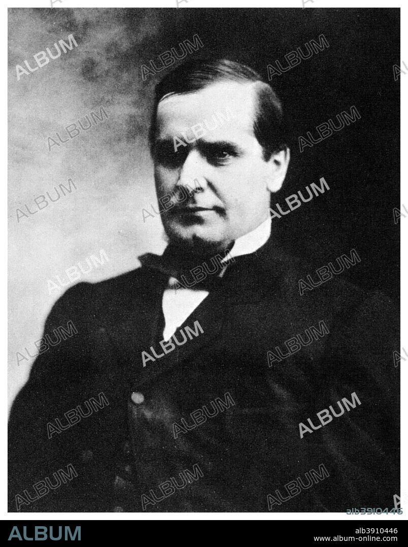 William McKinley, 25th President of the United States, 19th century (1955). McKinley (1843-1901) was born in Niles, Ohio. He became a lawyer and, in 1877, entered Congress as a Republican, becoming a leading tarriff expert. Elected President in 1896 and for a second term four years later, he was shot by an anarchist, Leon Czolgosz, at the Pan-American Exhibition in Buffalo, on 6th September 1901 and died on 14th September. A print from Mathew Brady Historian with a Camera by James D Horan, Bonanza Books, New York, 1955.