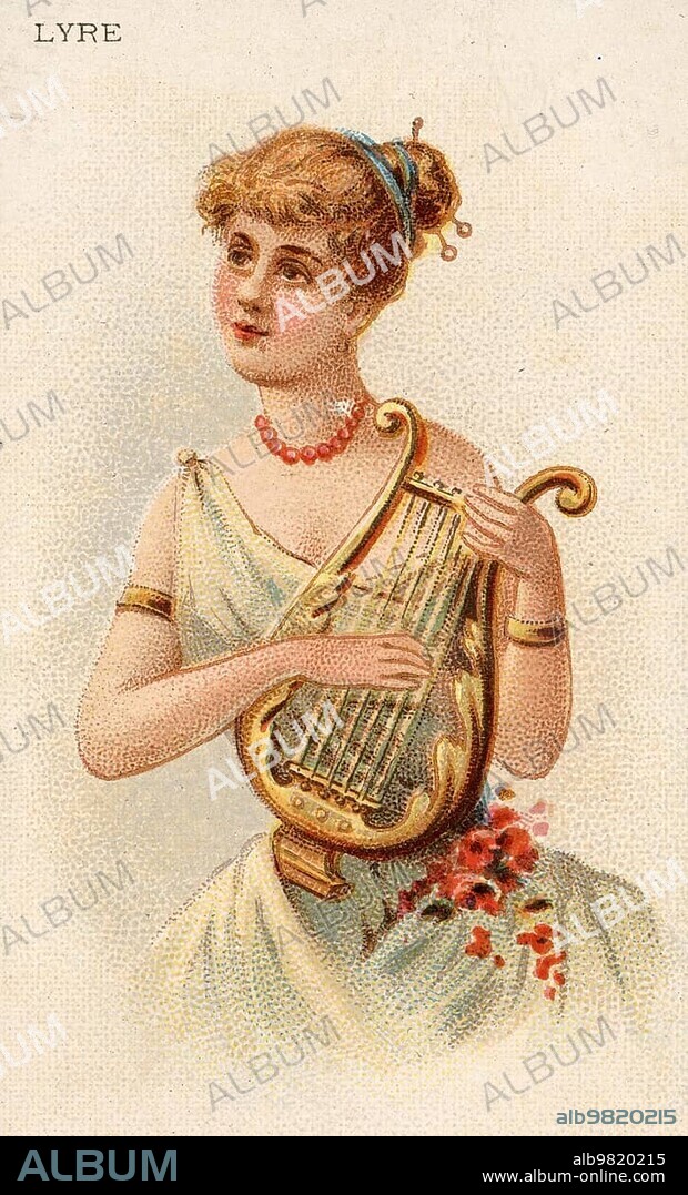 Musical instruments, woman playing a musical instrument, lyre, antique stringed instrument, lyre, historical, digital reproduction of a 19th century collector's picture