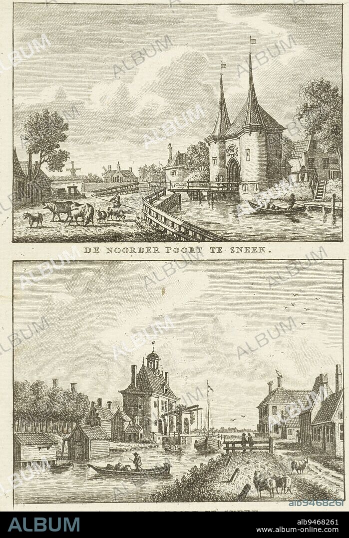 Two cityscapes of Sneek: Noorderpoort and Oosterpoort The Noorder Poort in Sneek The Ooster Poort in Sneek , print maker: Carel Frederik Bendorp (I), intermediary draughtsman: Jan Bulthuis, 1786 - 1792, paper, etching, h 80 mm × w 107 mm.