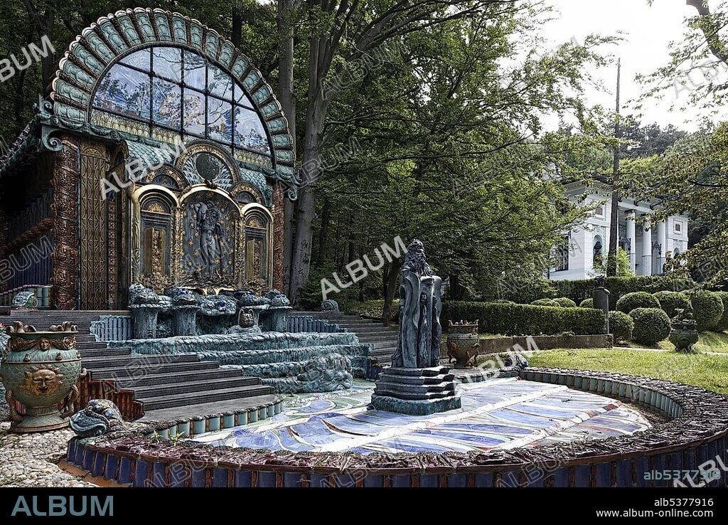 Nymphaeum Omega fountain in the park, Ernst Fuchs Museum, former mansion of architect Otto Wagner, Vienna, Austria, Europe