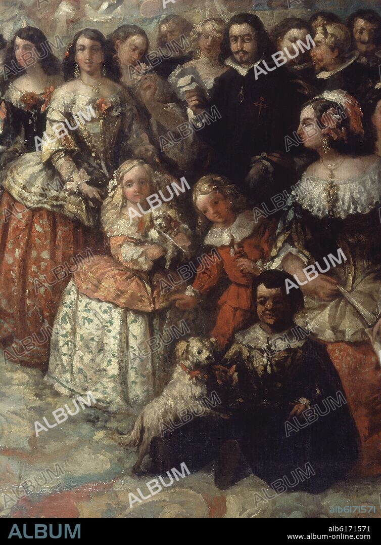 EUGENIO LUCAS VELAZQUEZ (1817-1870). FELIPE IV,SU CORTE Y LAS MENINAS-DET MENINAS Y CORTE-PINTADO EN 1858.