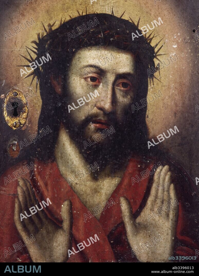 Cristo Eucarístico. Jesucristo coronado de espinas. Detalle de la puerta del sagrario. Siglo XVI. Iglesia de Santiago Apóstol. Liétor. Provincia de Albacete. Castilla-La Mancha. España.