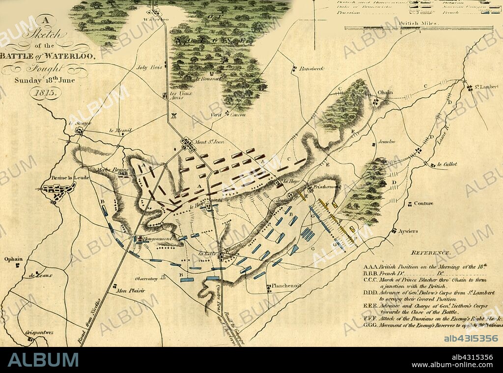 'A Sketch of the Battle of Waterloo', (18 June 1815), 1816. Fought on Sunday, 18 June 1815. The French army under Napoleon Bonaparte was defeated by an allied British army under the Duke of Wellington, and Prussians under Field Marshal Blucher. The battle marked the end of the Napoleonic Wars.  From "The History of the War, from the Commencement of the French Revolution to the Present Time, Vol. III", by Hewson Clarke, Esq. [T. Kinnersley, Limited, London, 1816].
