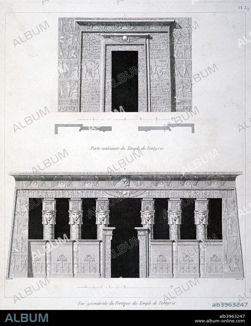 A Doorway and Gantry at the Temple of Tentyris, 19th century. Dendera Temple complex. The ancient site of Ta-ynt-netert which means 'She of the Divine Pillar', or Tentyra which is Greek for Dendera.