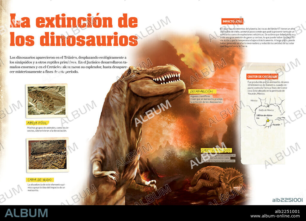 La extinción de los dinosaurios. Infografía sobre la extinción de los dinosaurios que plantea dos hipótesis: que se debió al impacto de un meteorito o a la actividad volcánica.