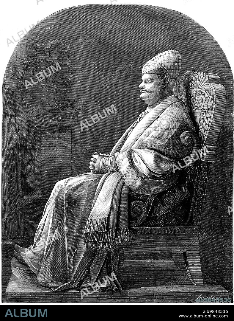 SMYTH. Statue of Sir Jamsetjee Jeejeebhoy, to be placed in the Townhall of Calcutta, 1858. Engraving from a photograph by Messrs, Caldesi and Montocchi, of '...a memorial of the gratitude of the inhabitants and English merchants for the munificence with which that distinguished philanthropist has contributed to the various charities of that city, and also as a recognition of his services in the furtherance of education in India...Looking at the statue itself - though we candidly confess we could have wished that, being a national work, it had come from the hands of a native instead of a foreign artist - we must admit that it has been very fairly treated by the fortunate Baron [Carlo Marochetti], displaying in an eminent degree those qualities unfortunately too rarely met with in modern portrait sculpture - character, dignity, and poetic purpose. Wrapped in a loose robe, bordered with rich fringe, and wearing an Oriental head-dress, the figure sits in an easy attitude in a chair of state...The likeness, we believe, we may pronounce to be a most satisfactory one, and the expression is a mixture of Oriental gravity with the benignity and high intellectual purpose so happily displayed in the person of the truly illustrious original'. From "Illustrated London News", 1858.