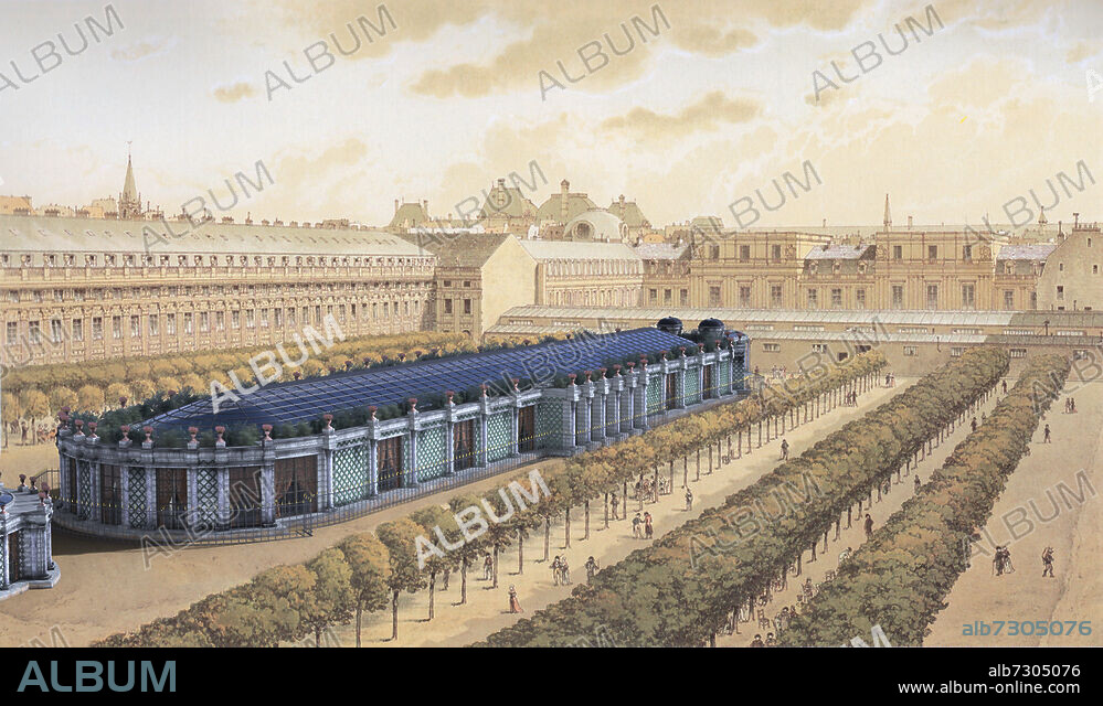 Architecture / 18e siècle. Le Cirque du Palais Royal, à la veille de la Révolution Française en 1789. (Salle de spectacle parisienne ouverte en 1787 dans le Jardin du Palais-Royal et détruite en 1799 par un incendie. Ce lieu avait la forme d'un hippodrome à l'antique. Son directeur ne reçut l'autorisation que pour des fêtes, des repas, des bals, mais pas de représentations théâtrales. Les séances étaient programmées plusieurs fois par semaine (en fin d'après midi ou en soirée) et offraient, à la fin de chacune d'elle, un bal. Avec les jardins du Palais-Royal, ce fut un des hauts-lieux de la prostitution à Paris au 18e siècle). Reconstitution 3D (2017).