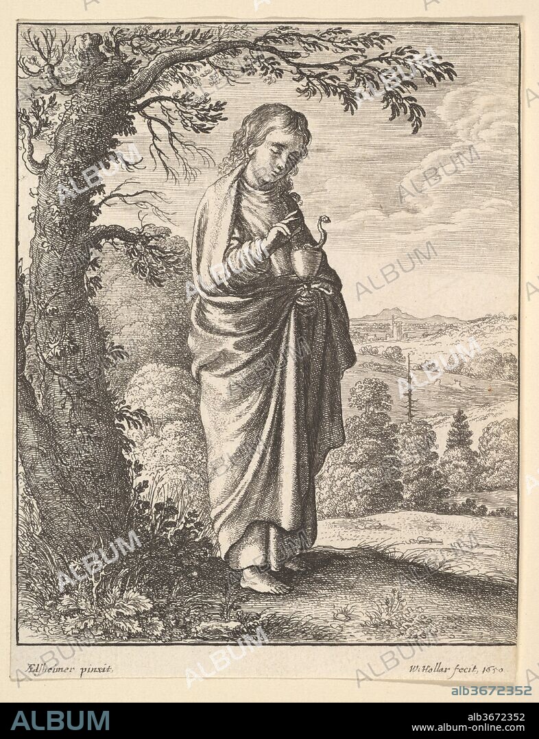 St. John the Evangelist. Artist: after Adam Elsheimer (German, Frankfurt 1578-1610 Rome). Dimensions: Sheet: 4 1/2 × 3 7/16 in. (11.4 × 8.8 cm). Etcher: Wenceslaus Hollar (Bohemian, Prague 1607-1677 London). Date: 1650.
St John the Evangelist, turning to the right, stands barefoot on a wooded hillside under a tree. He blesses a snake emerging  from a chalice.
