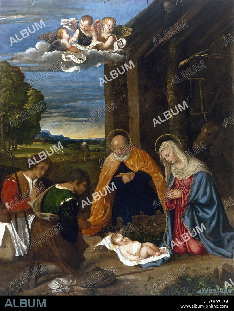 FRANCESCO VECELLIO. The Nativity with Shepherds. Date/Period: 1519/1526. Painting. Oil on canvas. Width: 174 cm. Height: 220.7 x d5.1 cm (without frame).