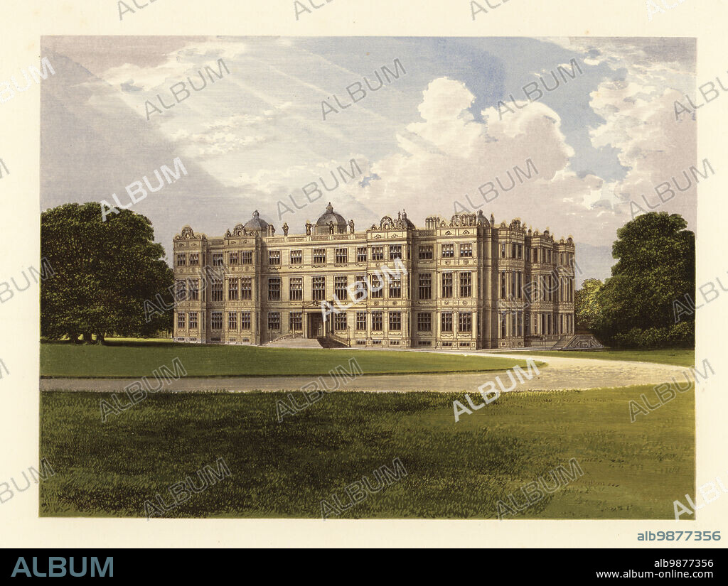 Longleat, Wiltshire, England. Elizabethan prodigy house designed by Robert Smythson for Sir John Thynne in 1579. Capability Brown landscaped the gardens, and Jeffry Wyatville renovated the house in the 18th century. Home of the Marquess of Bath. Colour woodblock by Benjamin Fawcett in the Baxter process of an illustration by Alexander Francis Lydon from Reverend Francis Orpen Morriss A Series of Picturesque Views of the Seats of Noblemen and Gentlemen of Great Britain and Ireland, William Mackenzie, London, 1880.