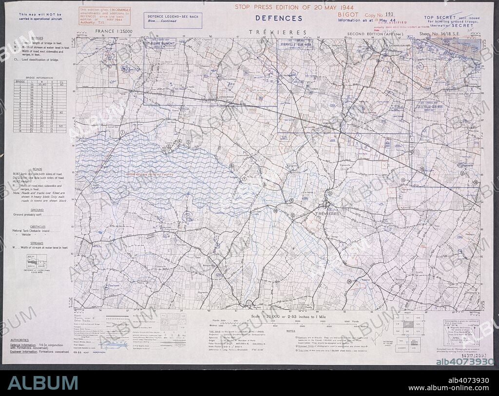 Trevieres, France. 'Omaha beach. A map of the Second World War. TrÃ©viÃ¨res was the 38th (American) Regimental Combat Team objective. France 1:25,000 Defences, Bigot. [London] : War Office, 1944. Source: Maps 14317.(259.) 34/18 SE.