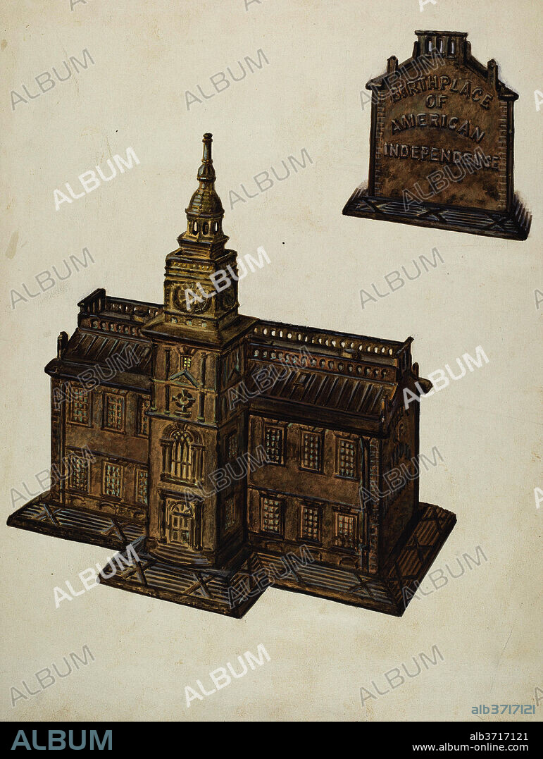 DOROTHY BRENNAN. Cast Iron Toy Bank: Independence Hall. Dated: c. 1937. Dimensions: overall: 40.6 x 30.5 cm (16 x 12 in.)  Original IAD Object: 10" high; 9 3/8" broad; 7 7/8" deep. Medium: watercolor, gouache, and graphite on paperboard.