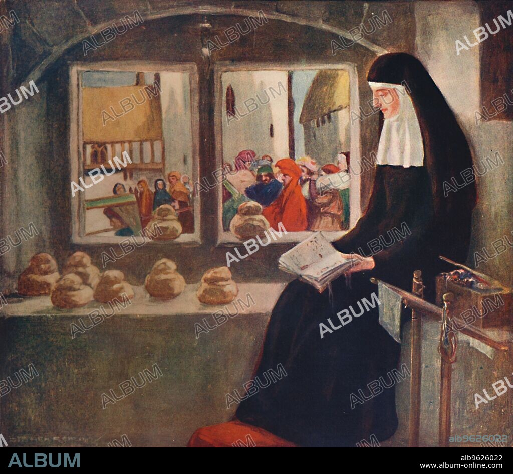 'Mother Julian', 1912. Julian of Norwich (c8 November 1342-c1416) was an English anchoress and an important Christian mystic and theologian. From The Mighty Army, by W. M. Letts, illustrated by Stephen Reid. [Wells Gardner, Darton & Co., Ltd, London, 1912].