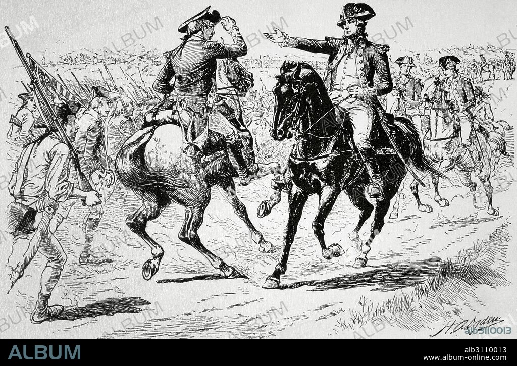 American Revolutionary War (1775-1783). Charles Lee (1732-1782), General of the Continental Army and George Washington (1732-1799), commander-in-Chief of the Continental Army. Lee and Washington into direct confrontation during the Battle of Monmouth (1778). Engraving by H. A. Ogden. The American Revolution.