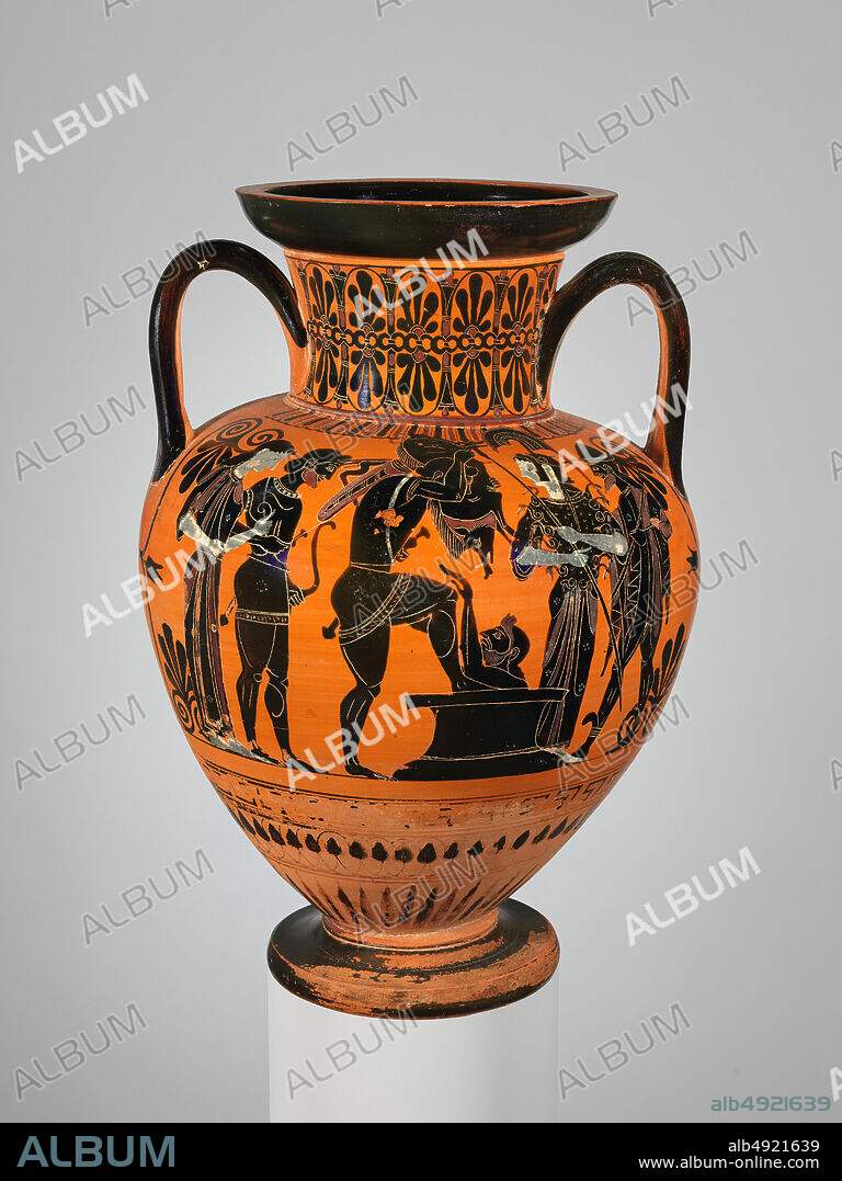 Attributed to the Antimenes Painter, Terracotta neck-amphora (jar), Greek, Attic, Archaic, Date ca. 520 B.C., Greek, Attic, Terracotta; black-figure, H. 14 5/16 in. (36.3 cm), diameter of mouth 6 9/16 in. (16.7 cm), diameter of foot 5 3/8 in. (13.7 cm), Vases.