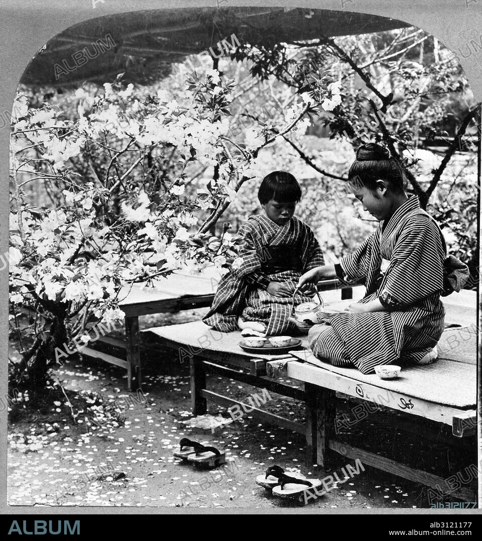 Photo shows two young Japanese women sitting on low benches, having tea, in a covered pavilion or teahouse with cherry trees blossoming in the background.