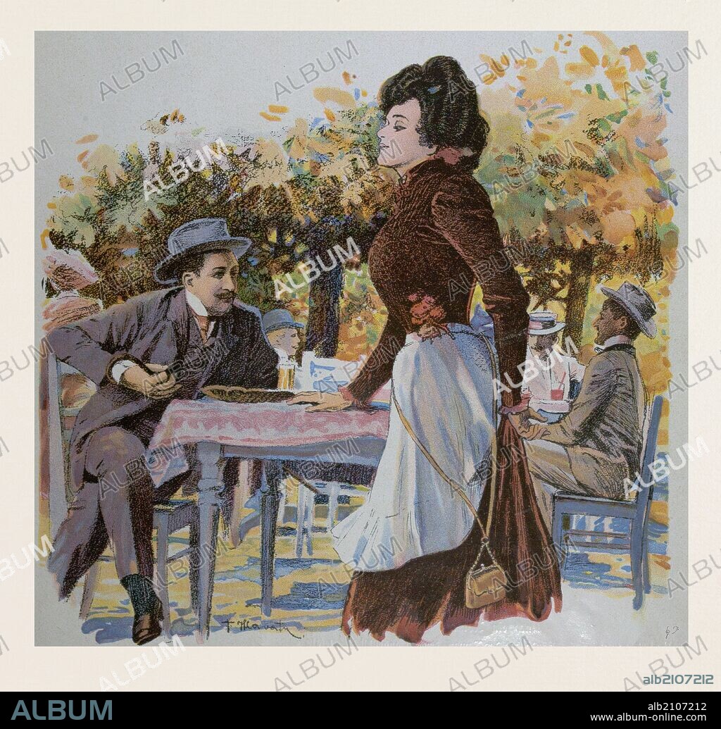 The waitress by Franz Hlavaty, 1861-1917, German. food and drink, liszt gourmet archive, restaurant, outdoor, service, people, man, woman, male, female, caucasian, europe, germany, apron, smiling, serving, catering.