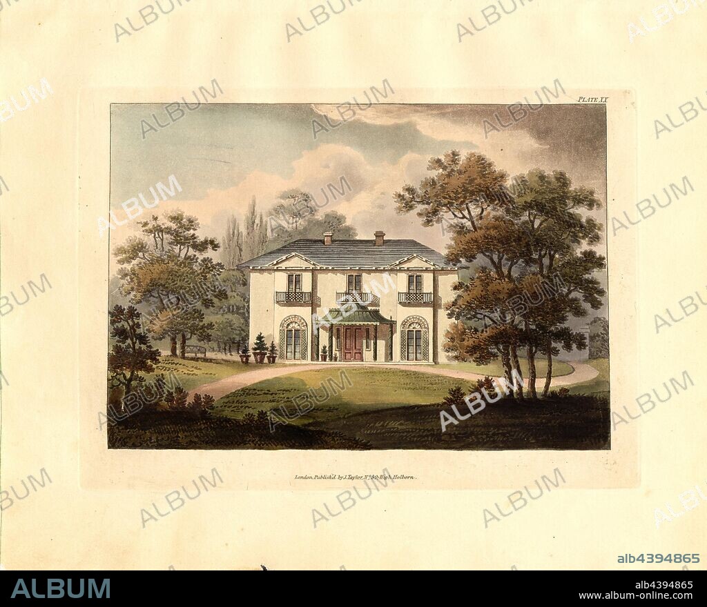 House for a genteel family 2, elevation of a house, pl. XX, after p. 31, Robert Lugar: Architectural sketches for cottages, rural dwellings, and villas, in the Grecian, Gothic, and fancy styles: with plans; suitable to persons of genteel life and moderate fortune.: preceded by some observations on scenery and character proper for picturesque buildings. London: printed for J. Taylor, at the Architectural Library, 1823.