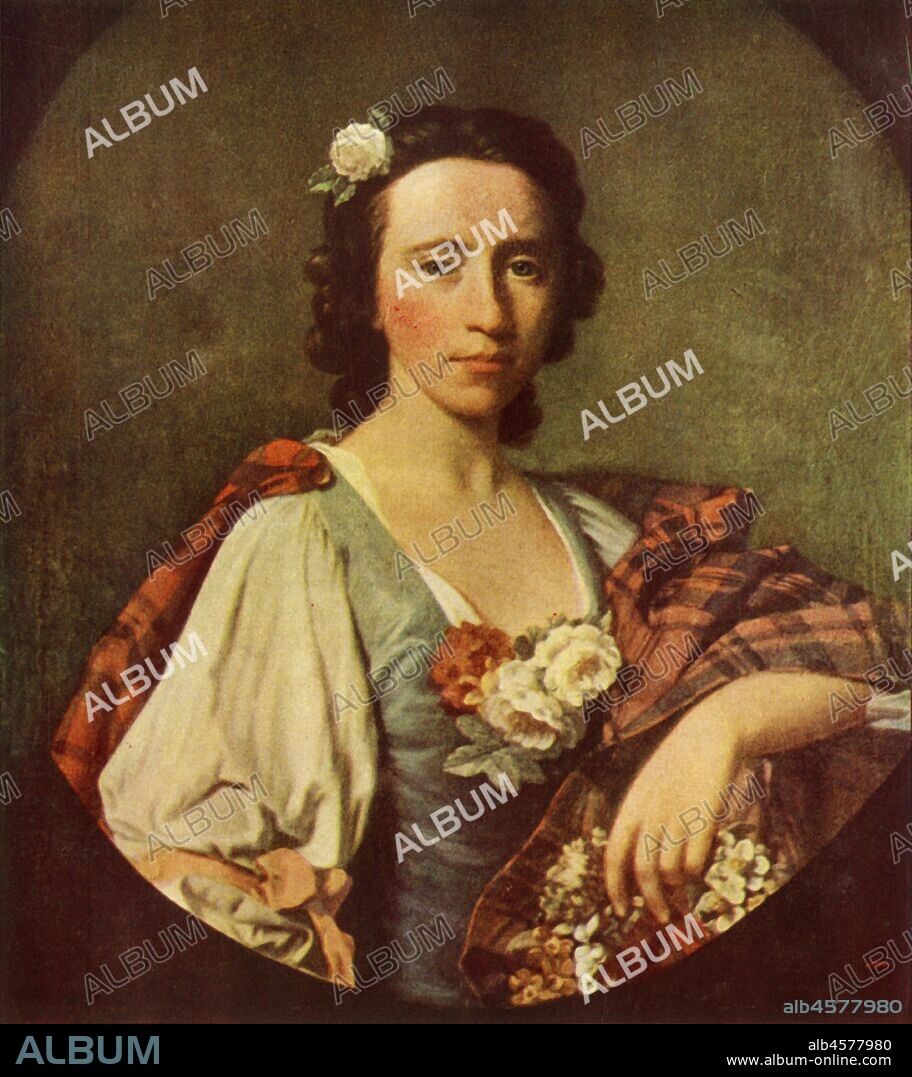 ALLAN RAMSAY. 'Flora MacDonald', c1749, (1946). Portrait of Scottish patriot Flora MacDonald (1722-1790) who helped the Jacobite pretender Charles Edward Stuart ('Bonnie Prince Charlie') to escape after his defeat by the English at the Battle of Culloden (1745). Painting in the Ashmolean Museum, Oxford. From "Life Among the Scots", by Janet Adam Smith. [Collins, London, 1946].