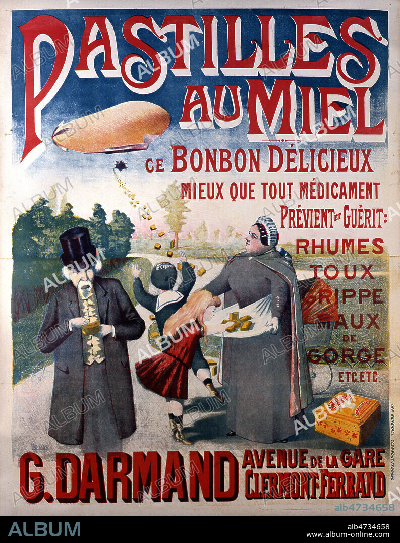 'Ce bonbon delicieux, mieux que tout medicament, previent et guerit : rhumes, toux, grippe...' Affiche publicitaire de 1895 pour les pastilles au miel G. Darmand. Illustration par LOUIS. Credit : Coll. Perrin/KHARBINE-TAPABOR.