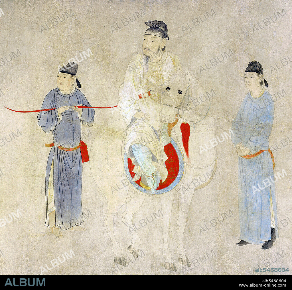 China: 'Yang Guifei Mounting a Horse'. Handscroll painting by Qian Xuan (1235-1305), late 13th century. Consort Yang Yuhuan  (1 June 719 — 15 July 756), often known as Yang Guifei (Guifei being the highest rank for imperial consorts), known briefly by the Taoist nun name Taizhen, was known as one of the Four Beauties of ancient China. She was the beloved consort of Emperor Xuanzong of Tang during his later years. During the Anshi Rebellion, as Emperor Xuanzong was fleeing from the capital Chang'an to Chengdu, she was killed because his guards blamed the rebellion on her cousin Yang Guozhong.