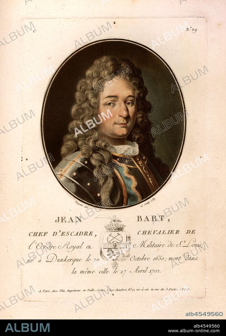 Jean Bart, Wing Commander, Jean Bart, Buccaneer from Flanders, in the service of King Louis XIV, signed: Sergent (del. Et sculp.); chez Blin, C no. 29, Sergent, Antoine Louis François (del. et sculp.); Blin (chez), Antoine François Sergent-Marceau: Portraits des grands hommes, femmes illustres et sujets mémorables de France: gravés et imprimés en couleurs. Dédié au Roi. Bd. 2. Paris: chez Blin, Imprimeur en Taille-Douce, [1786-1792].