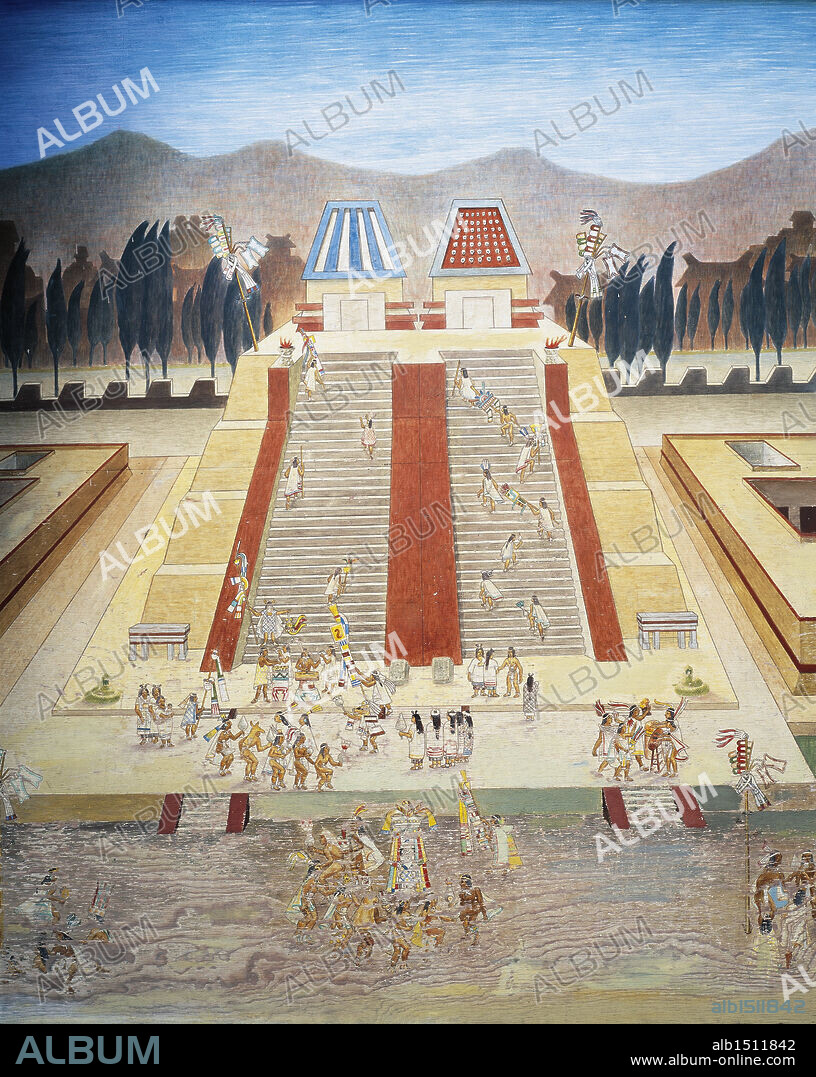 Aztec civilization, 15th century. Reconstruction of consecration ceremony of the Templo Mayor (Great Temple) in the main square of Tenochtitlan.