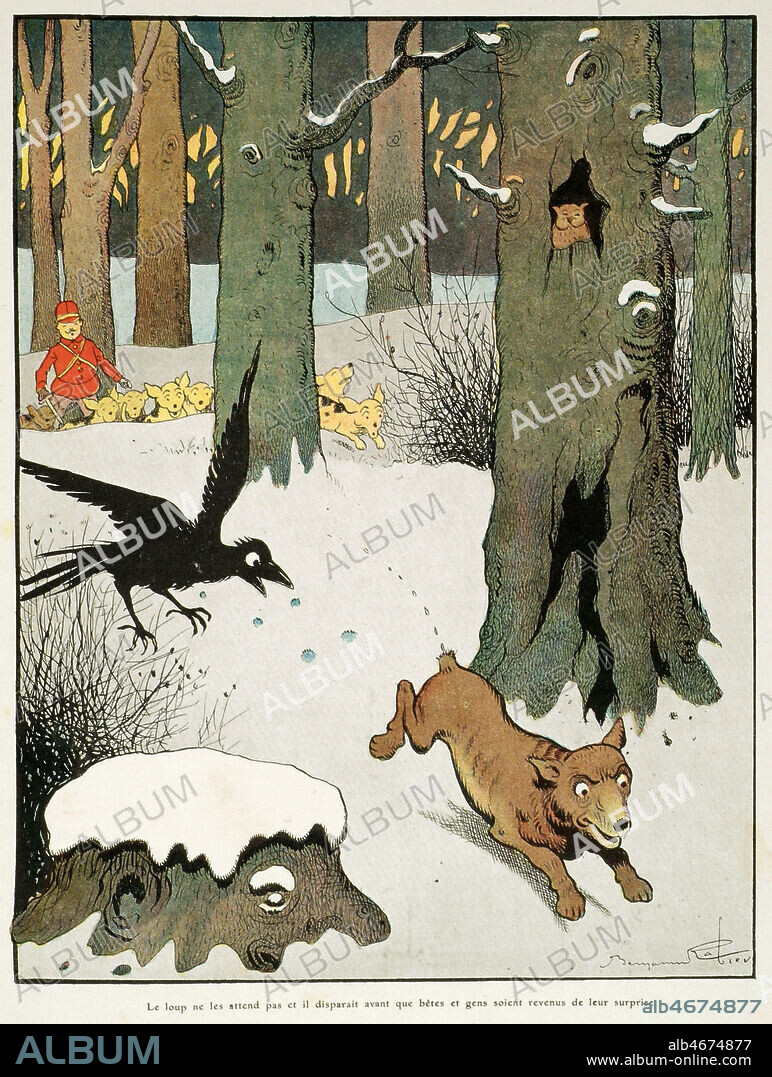Ysengrin le loup, la queue coupee, n'attend pas les chasseurs et leurs chiens. Illustration de1909 par Benjamin RABIER (1864-1939) pour Le Roman du Renard. Credit : Collection Grob/KHARBINE-TAPABOR.