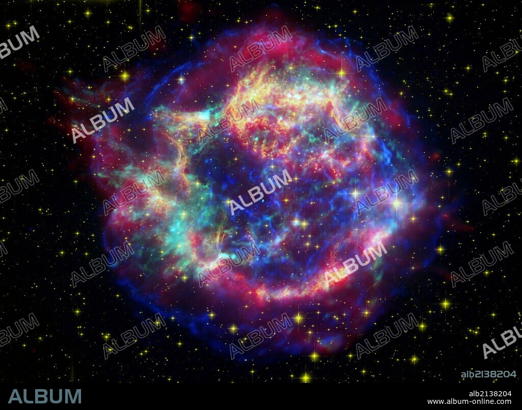 The many sides of the supernova remnant Cassiopeia A. Located 10,000 light-years away in the northern constellation Cassiopeia, Cassiopeia A is the remnant of a once massive star that died in a violent supernova explosion 325 years ago. Hubble Space Telescope (HST), Spitzer Space Telescope. (Photo by: Universal History Archive/UIG via Getty Images).